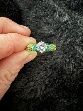 Gold-Plated Green and Blue Crystal Ring with Clear Center Stone